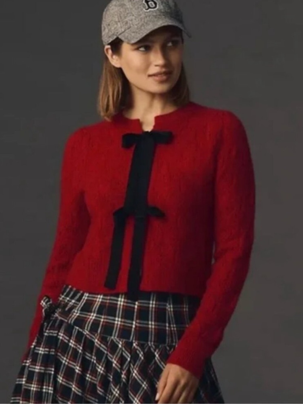 Anthropologie Cashmere Bow Tie Long Sleeve Cardigan Dark Red.
